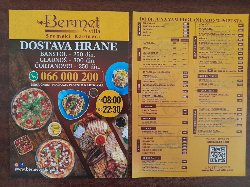 Podela i štampa flajera za restoran BERMET Banstol, Gladnoš, Čortanovci, 