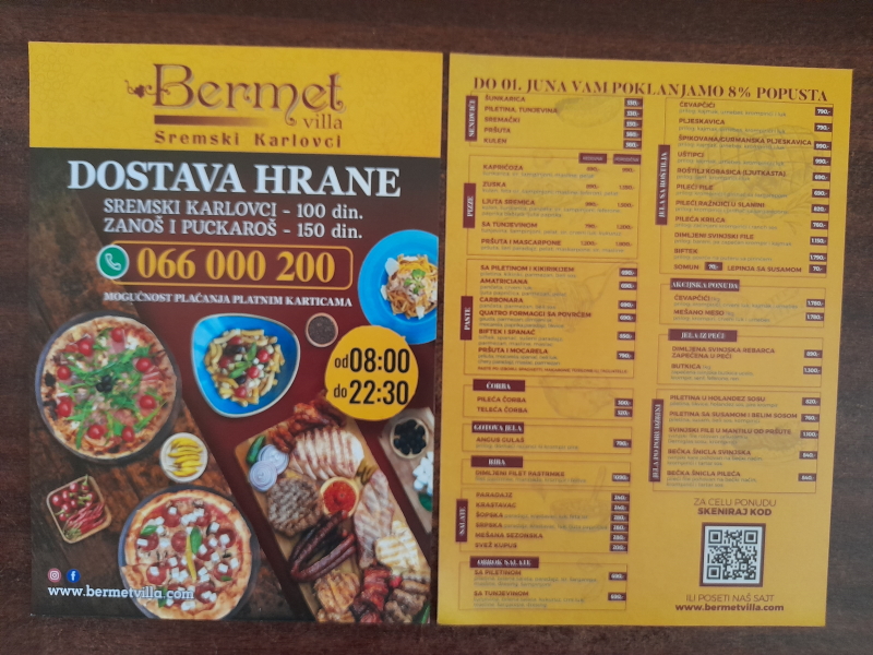 Podela i štampa flajera za restoran BERMET  Tatarsko Brdo, Bukovac, Sremski Karlovci, Zanoš i Puckaroš