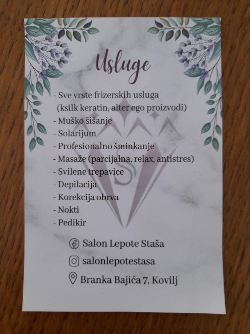 Štampa za salon lepote Staša. Branka Bajića 7, Kovilj.